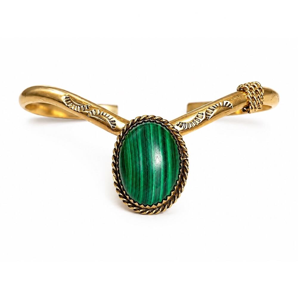 Vintage Navajo Malachite Brass Cuff Bracelet Southwestern Native Western Boho